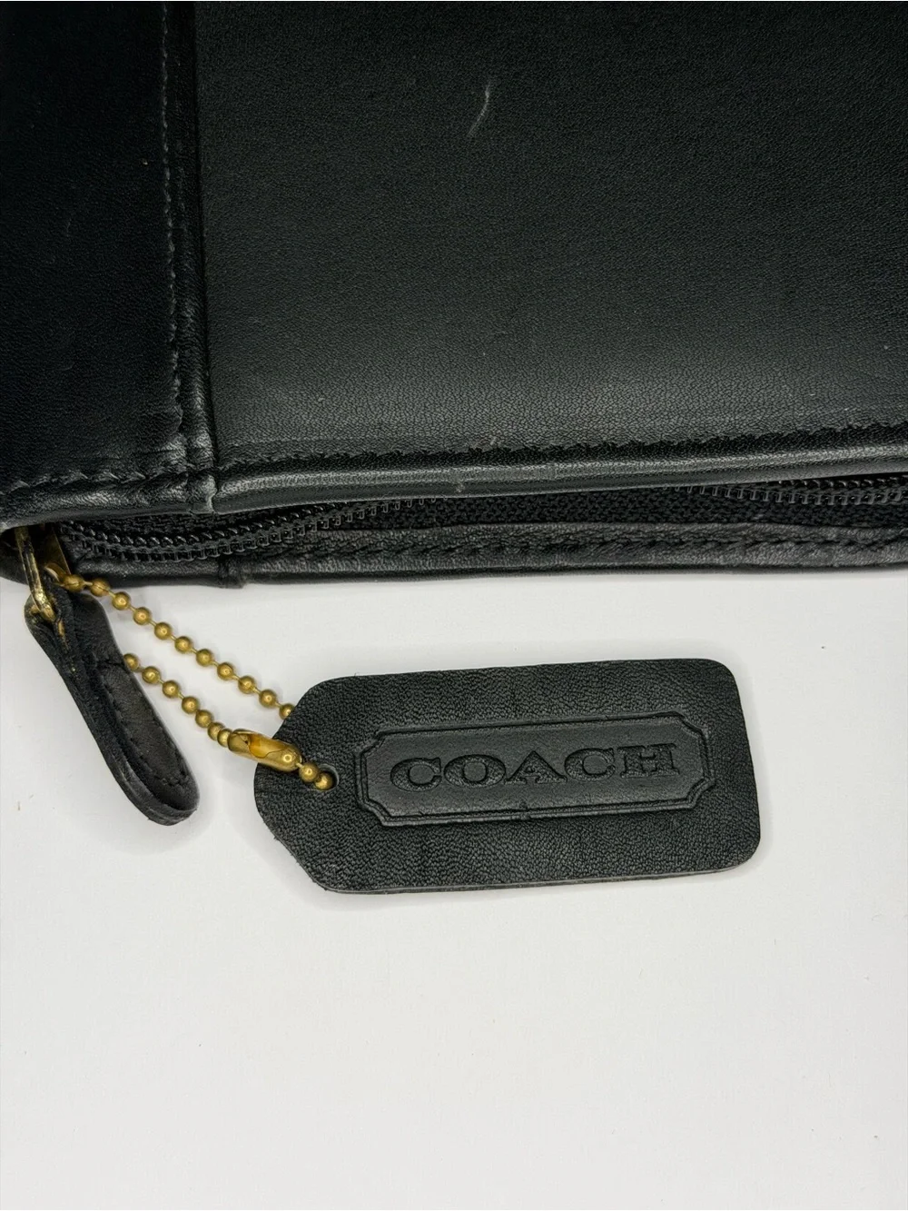 Coach Black Leather Travel Jewelry Roll with Brass Tag Chain